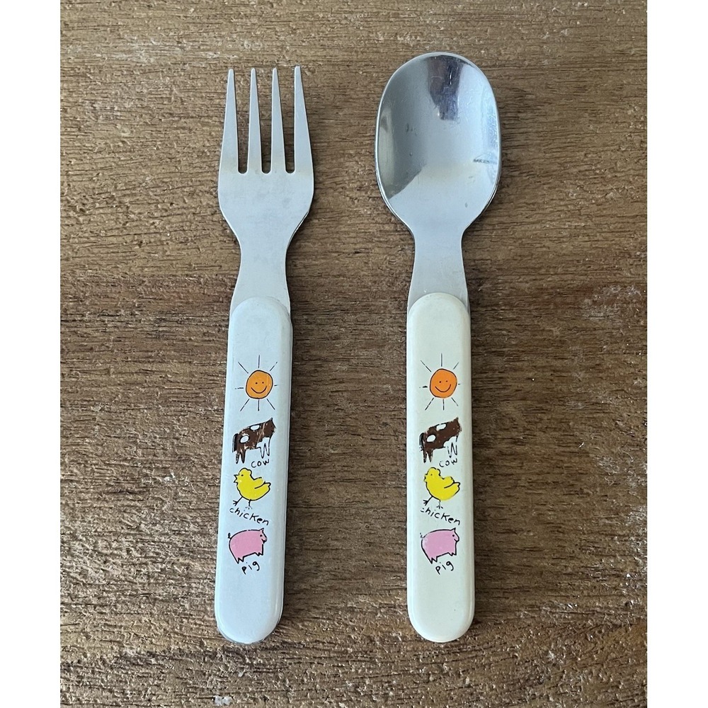 VTG Anacapa Toddler Fork Spoon Set Farm Animals Stainless Taiwan Child Flatware